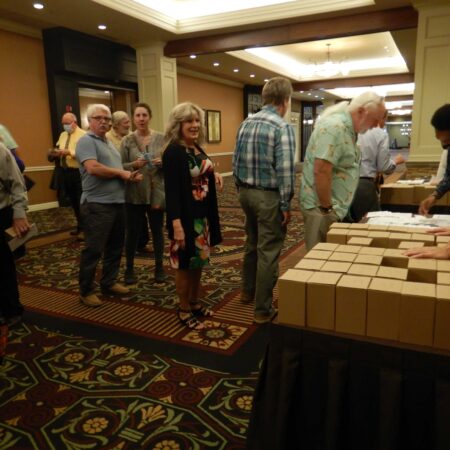 a group of people standing in a room