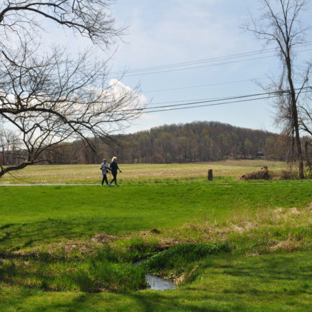 a couple of people walking in a grassy field