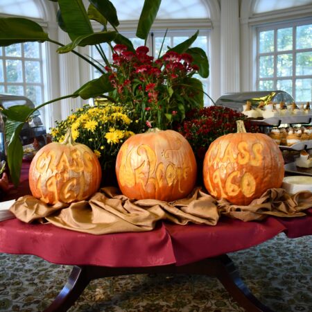 a group of pumpkins on a table
