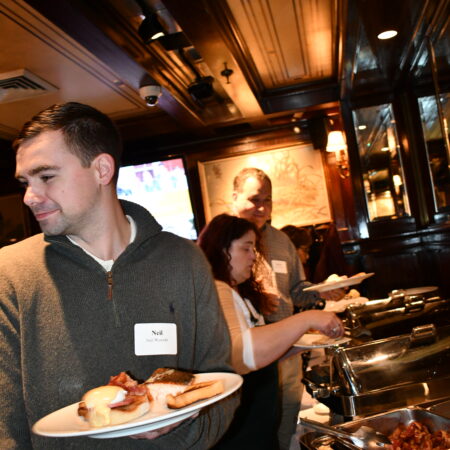 a group of people at a buffet
