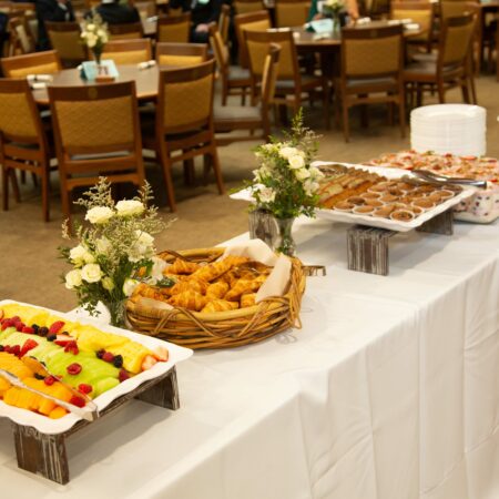 a buffet table with food on it
