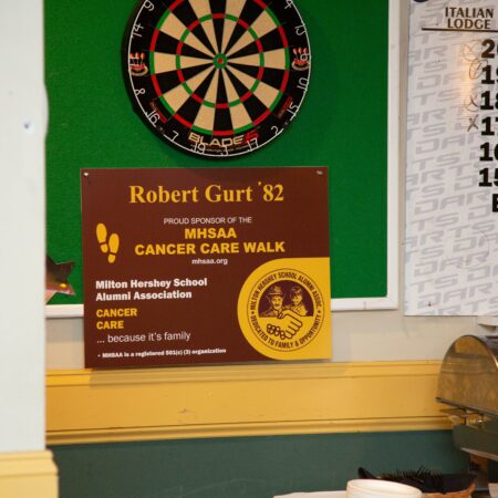 a dart board and a sign on a wall
