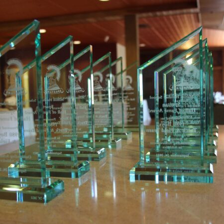 a group of glass trophies
