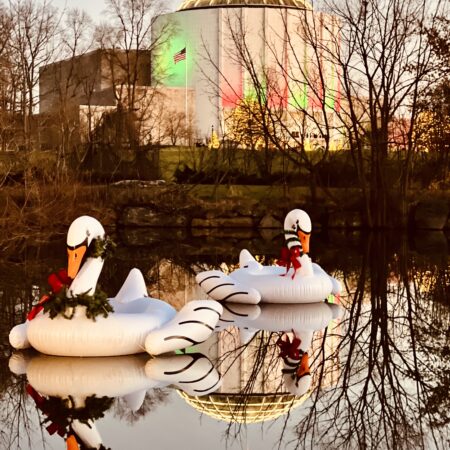 a group of inflatable swans on a lake
