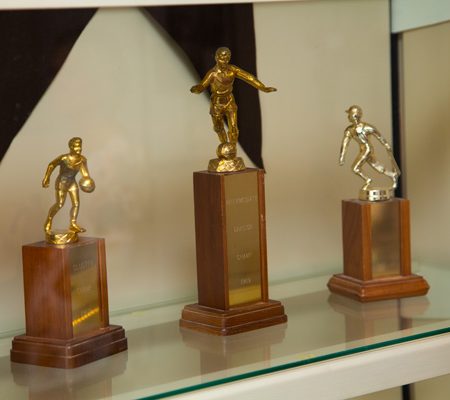 a group of trophies on a shelf