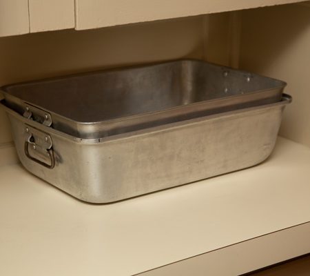 a metal pan on a counter