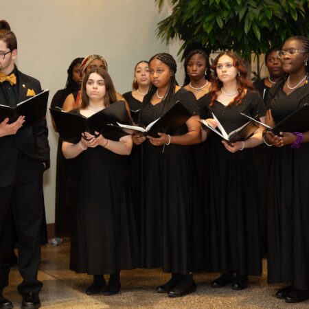 a group of people singing