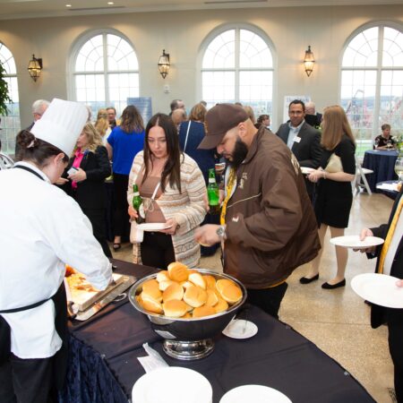 a group of people at a buffet