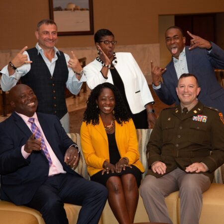 a group of people posing for a photo