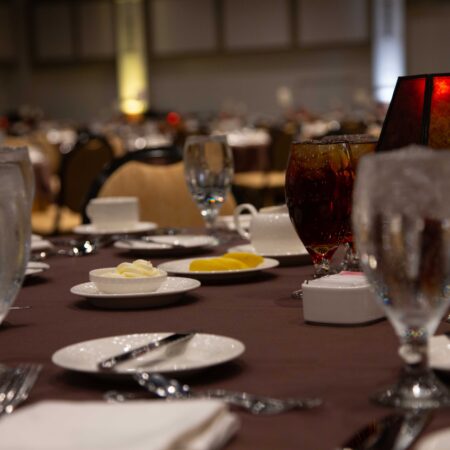a table with plates and glasses