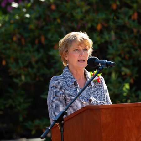 a person standing at a podium with a microphone